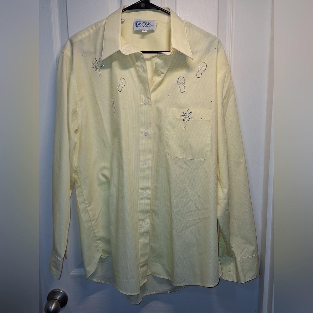 Light Stripes Sunshine Yellow Embroidered Rhinestone Button Up Shirt L - Picture 1 of 4
